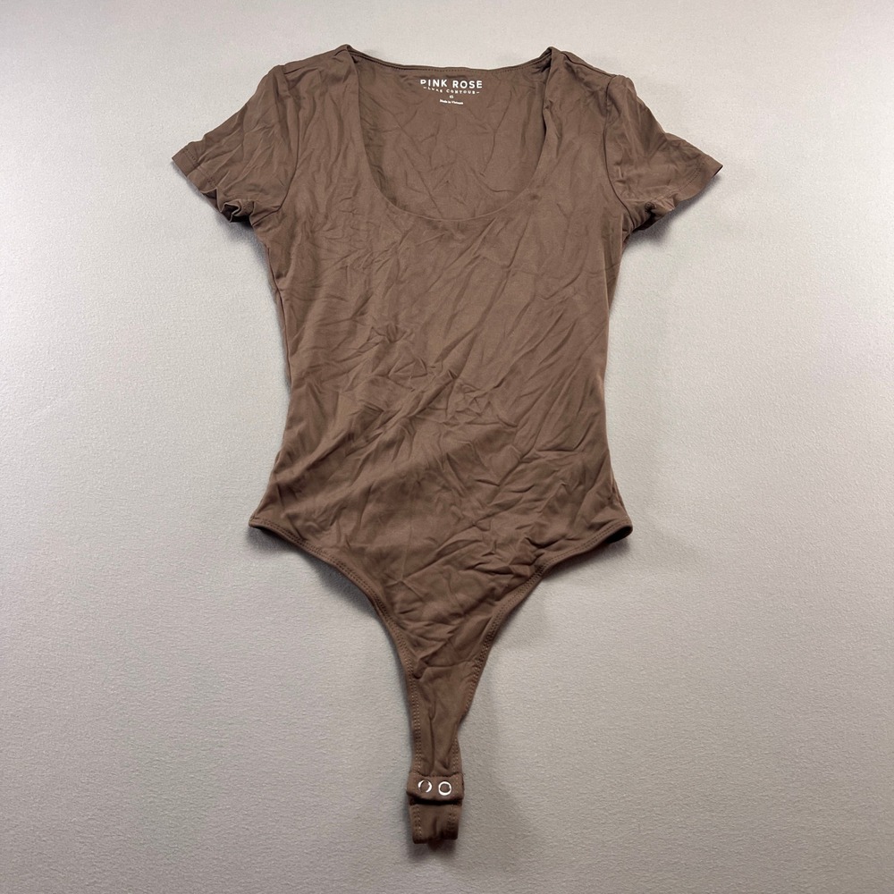 Pink Rose Luxe Contour One Piece Bodysuit Womens XS Brown Thong Snap Scoop Neck